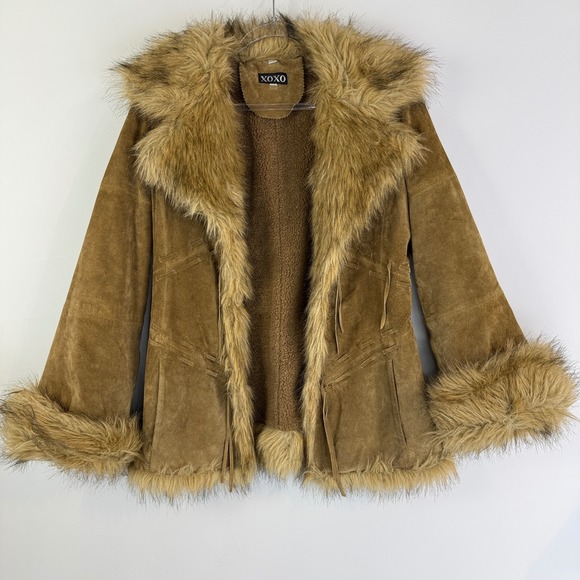 XOXO Jackets & Blazers - XOXO Leather Jacket Women Small Tan Faux Fur Trim Penny Lane Boho 64249